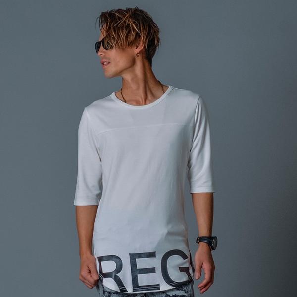 REGIEVO レジエボ ラウンドヘム 7分袖 Tシャツ  ロゴ プリント ストレッチ メンズ ホワ...