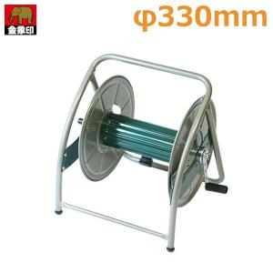 散水ホースリール 金属製 茶色と黄色のホース 散水ホースリール 金属製 茶色と黄色のホース