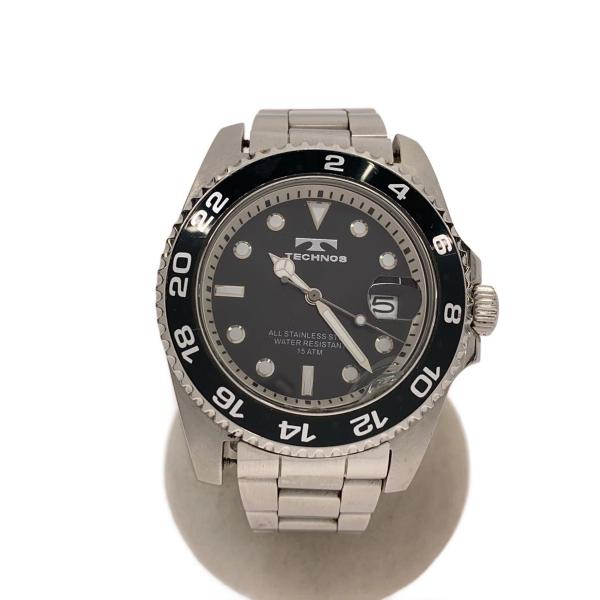 TECHNOS◆クォーツ腕時計/アナログ/ステンレス/BLK/SLV//