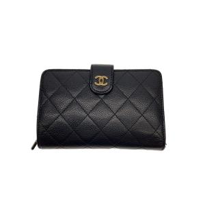 CHANEL◆2ツ折サイフ_マトラッセ_キャビアスキン_ラウンド_BLK/レザー/BLK/レディース/A48667