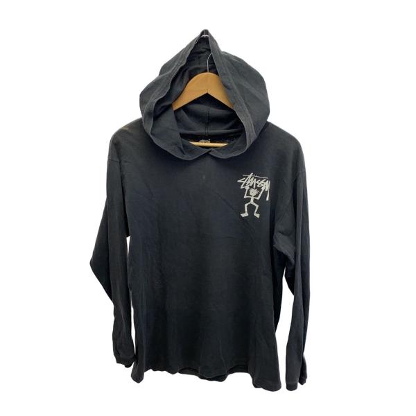 STUSSY◆80s/シャドーマン/USA製/フーデッド長袖Tシャツ/L/コットン/BLK