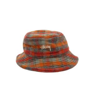 STUSSY◆バケットハット/M/ウール/オレンジ/チェック/メンズ/1321084//