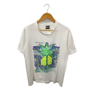 STUSSY◆80s/黒タグ後期/Tシャツ/M/コットン/WHT/プリント