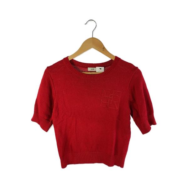 ROPE◆【洗える】クルーネックミドルゲージ5分袖ニットTシャツ/FREE/コットン/RED/無地/...