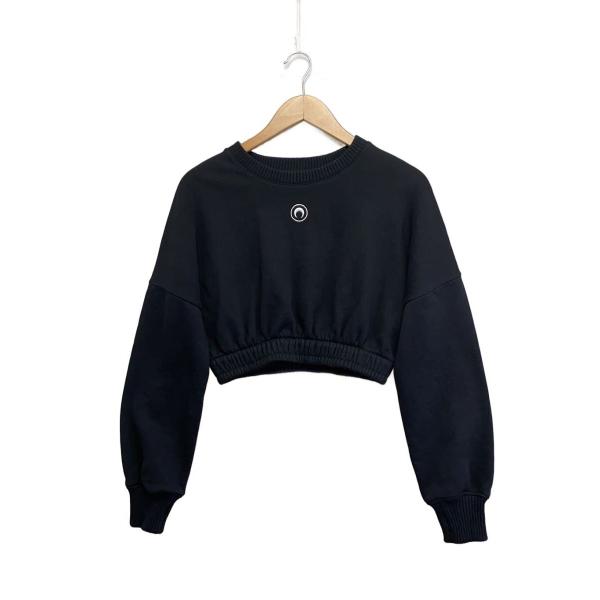 MARINE SERRE◆クルーネックスウェット/クロップド丈/三日月/XS/コットン/BLK/? ...