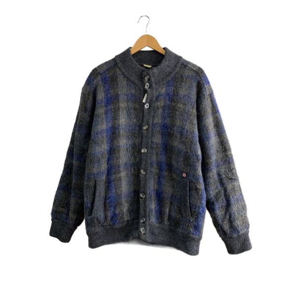 カーディガン(厚手)/XL/モヘア/GRY/チェック/キッドモヘア/内側毛羽立ち有