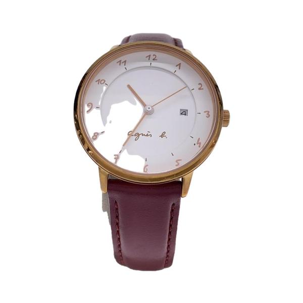 agnes b.◆クォーツ腕時計/アナログ/レザー/GLD/BRD/VJ12-KY40/ベルト内側汚...