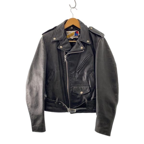 Schott◆ベルト金具錆/ポケットレザー剥がれダブルライダースジャケット/34/レザー/BLK//