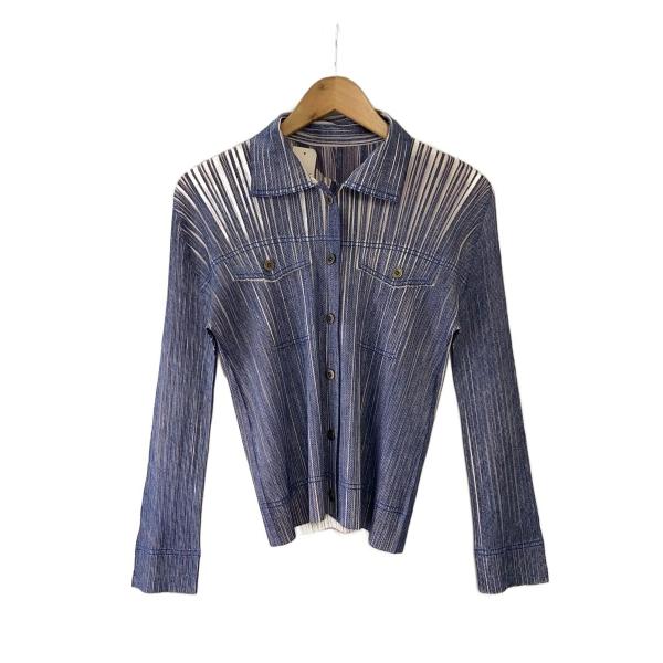 PLEATS PLEASE ISSEY MIYAKE◆デニム転写/長袖ブラウス/4/ポリエステル/B...