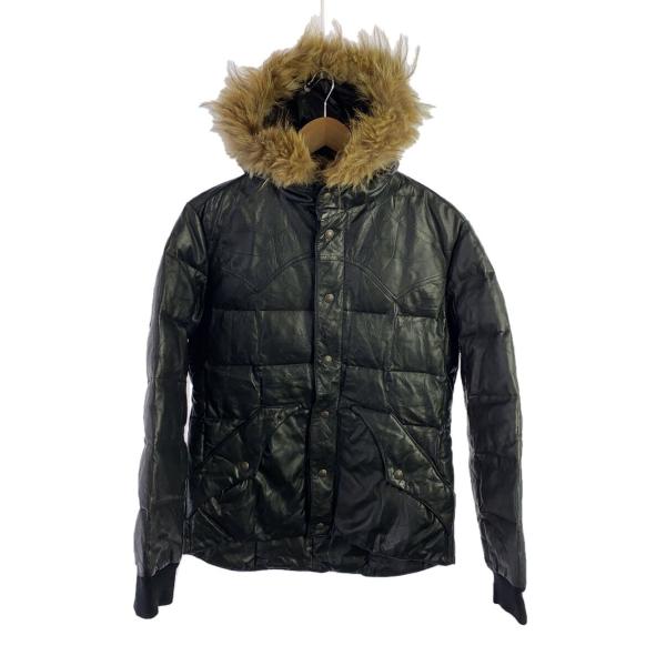 SLAPSHOT◆ダウンジャケット/M/羊革/ブラック/ラムレザー/スナップ部分緑青有