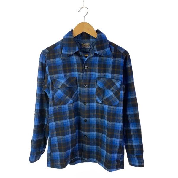 PENDLETON◆70s/オープンカラー/長袖シャツ/M/ウール/BLU/チェック