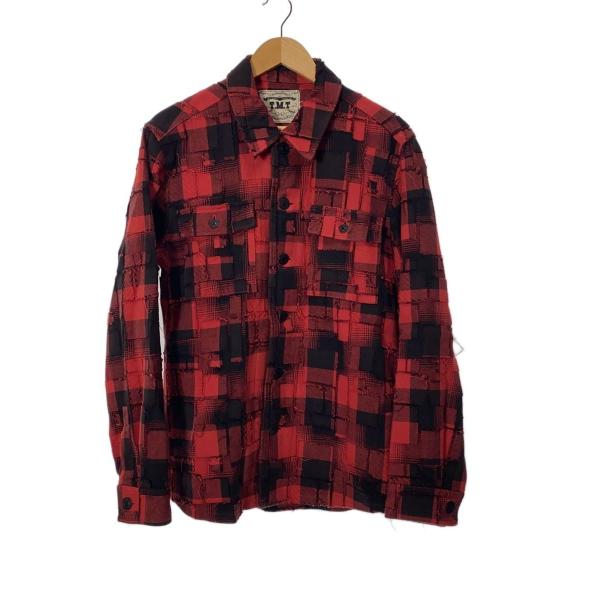 TMT◆パッチワークオンブレチェックシャツ/長袖シャツ/XL/コットン/RED/チェック/TSH-F...