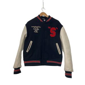 STUSSY◆Varsity Jacket/シリアルナンバー付き/袖レザー/スタジャン/L/ウール/BLK/無地