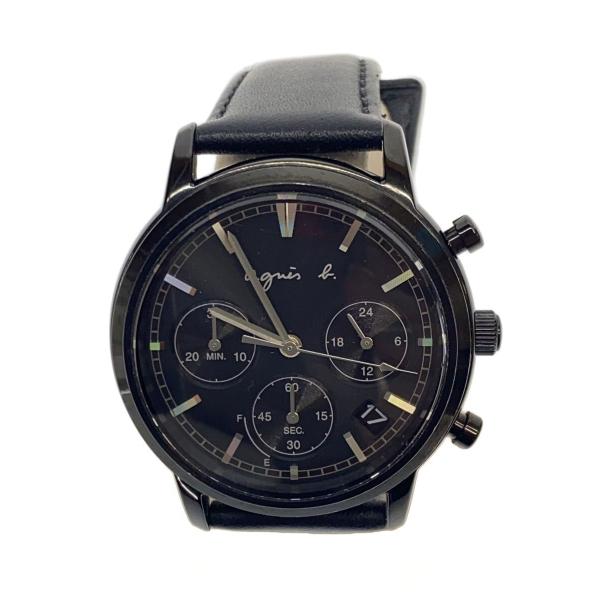 agnes b.◆ソーラー腕時計/アナログ/レザー/BLK/BLK/SS/VR42-KPH0