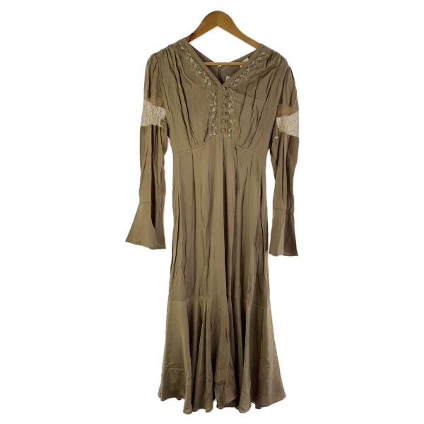 AMERI◆21ss/FLARE SATIN DRESS/長袖ワンピース/M/レーヨン/ベージュ/0...