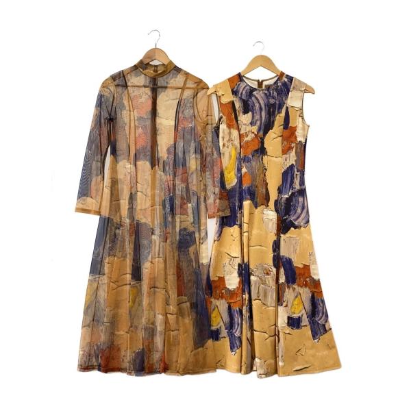 AMERI◆UND GYPSUM ART DRESS長袖ワンピース/S/ポリエステル/CML/総柄/...