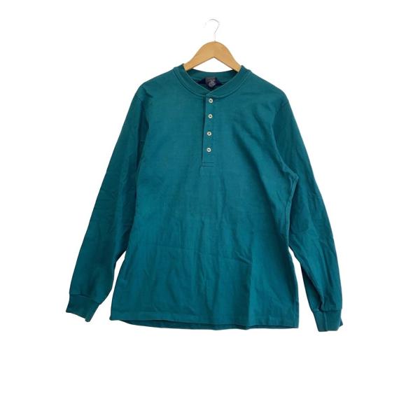 LANDS END◆90s/USA製/ヘンリーネックカットソー/長袖Tシャツ/L/コットン/グリーン...