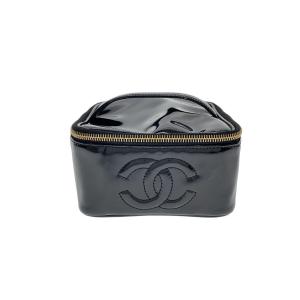 CHANEL◆ココマーク/化粧ポーチ/ポーチ/エナメル/BLK//
