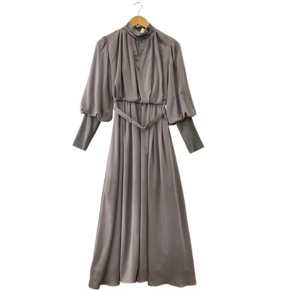 AMERI◆BALLOON SLEEVE RIB DRESS/M/ポリエステル/GRY/無地/029...