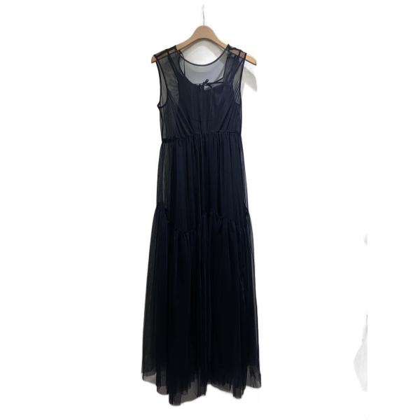 AMERI◆BLACK TULLE WAVE TIERED DRESS/S/ポリエステル/BLK/