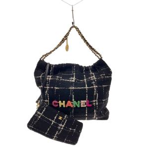 CHANEL◆CHANEL22/ツイードチェーントートバッグ/AS3261/ツイード/BLK/チェーンショルダー/ココマーク//