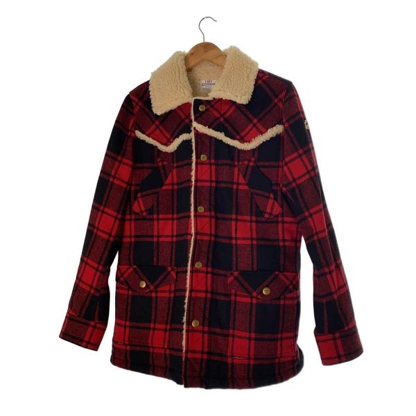 TMT◆バッファローチェックボアランチジャケット/L/ウール/RED/チェック