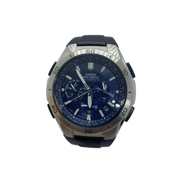 CASIO◆ソーラー腕時計・WAVECEPTOR/アナログ/ラバー/NVY/BLK/SS//