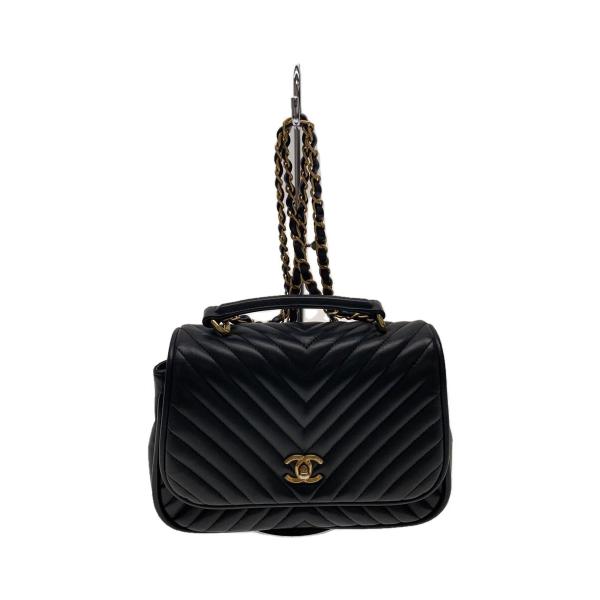 CHANEL◆シェブロン Vステッチ ショルダー/ショルダーバッグ/レザー/BLK