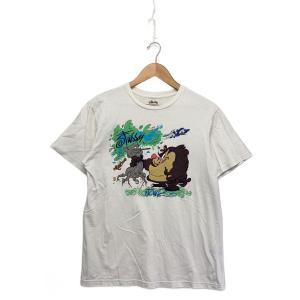 STUSSY◆Tシャツ/L/コットン/WHT/プリント/カートゥーン/内タグ擦れ有/印字センターロゴ//