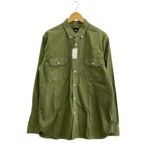 STUSSY◆長袖Tシャツ/BDシャツ/ワークシャツ/フラップ付き/オックスフォード/ストックロゴ/L/コットン/カーキ//