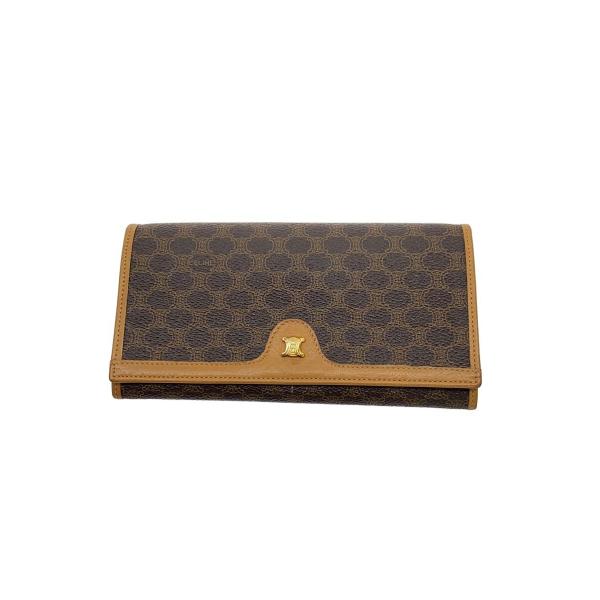 CELINE◆オールドセリーヌ/マカダム柄/トリオンフ金具/2つ折り財布/レザー/BRW/レディース