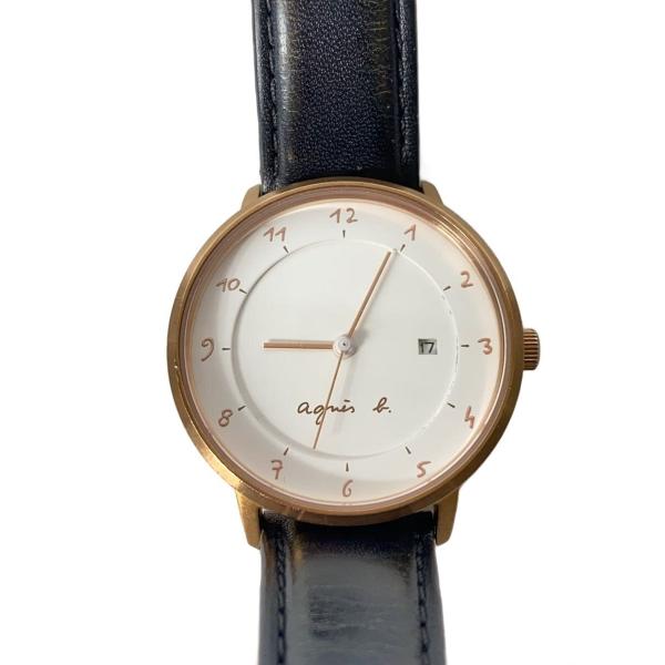 agnes b.◆クォーツ腕時計/アナログ/レザー/WHT/BLK/VJ12-KY40