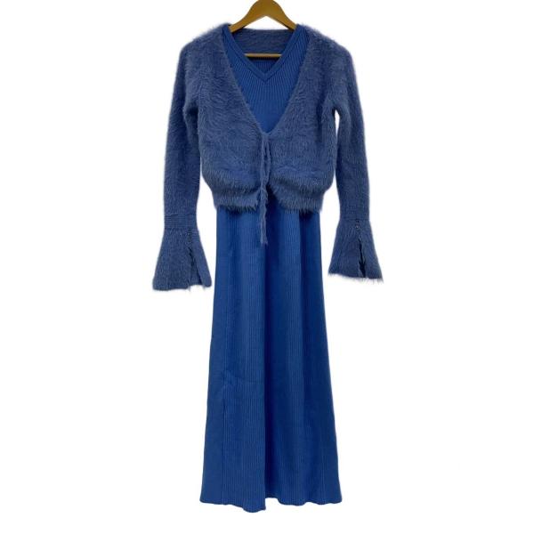 AMERI◆ノースリーブワンピース/M/コットン/ブルー/リブ/フロントリボン/無地/0132057...