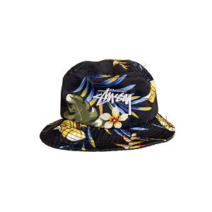 STUSSY◆バケットハット/フローラル/ポリエステル/BLK/花柄/メンズ