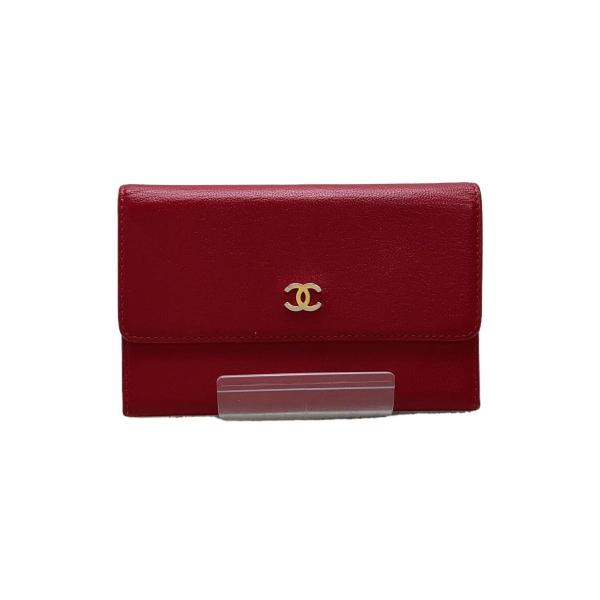 CHANEL◆財布/レザー/RED/無地/レディース