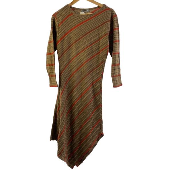 ISSEY MIYAKE◆80s/筆タグ/長袖ワンピース/M/ウール/BRW/ボーダー