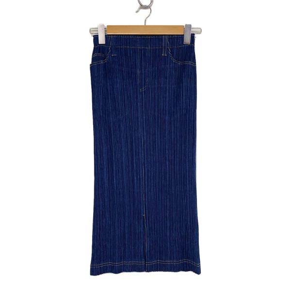 PLEATS PLEASE ISSEY MIYAKE◆デニム転写プリントプリーツスカート/ポリエステ...