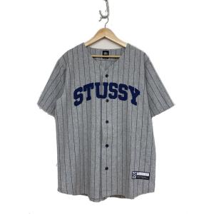 STUSSY◆ベースボールシャツ/半袖シャツ/L/ウール/GRY/ストライプ//