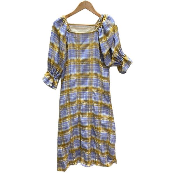 AMERI◆LACEY CHECK PUFF DRESS/半袖ワンピース/S/ポリエステル/0121...