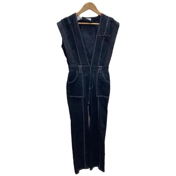 AMERI◆V NECK DENIM JUMPSUIT/オールインワン/S/コットン/BLK/012...