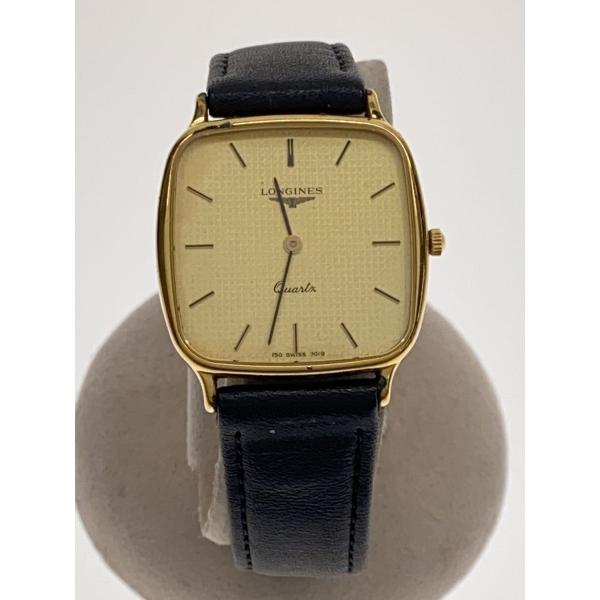 LONGINES◆クォーツ腕時計/アナログ/レザー/GLD/BLK/社外ベルト//