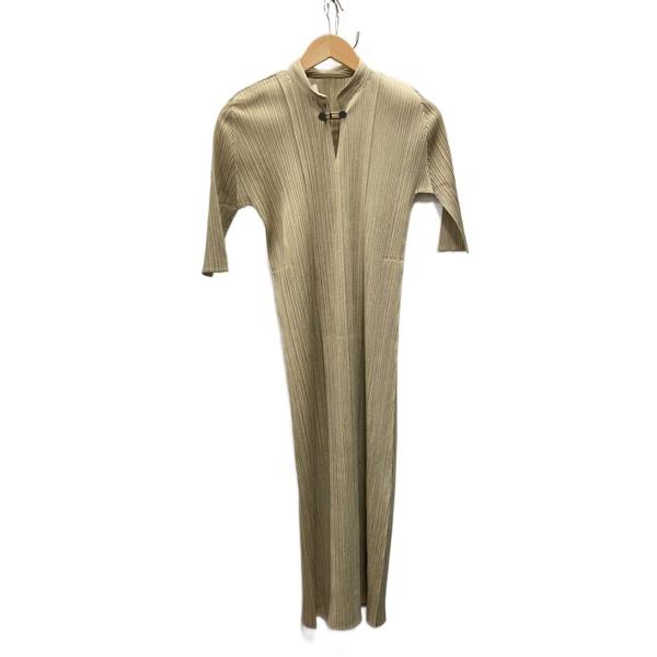 PLEATS PLEASE ISSEY MIYAKE◆プリーツ半袖ワンピース/スタンドカラー/チャイ...