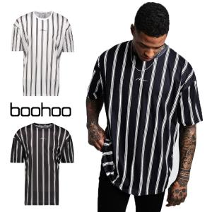 ブーフー boohoo Tシャツ ストライプ 半袖 Oversized Stripe MAN Signature T-Shirt BLACK ブラック 黒 ホワイト 白 トップス メンズ イギリス asos[衣類]｜ssshop