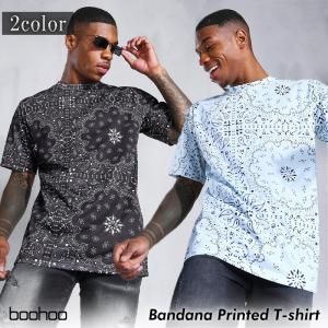 ブーフー boohoo Tシャツ バンダナ柄 ブラック 黒 ブルー Bandana Printed T-shirt 半袖 S/S オーバーサイズ ショートスリーブ トップス メンズ 春 夏 おしゃれ｜ssshop