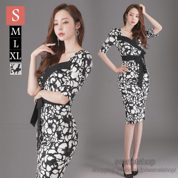 ワンピース レディース 膝丈 ひざ丈ワンピース Ｖネック 半袖 五分袖 花柄 ハイウエスト ヒップラ...