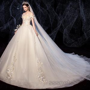 ウェディングドレス 花嫁ドレス 結婚式 ホワイト 白ドレス エンパイアライン トレーンライン プリンセスドレス ロングドレス 2020新作【sssnetshop】