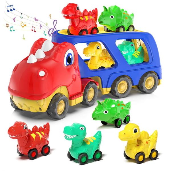 幼児 車 おもちゃ 2 3 4 5歳 恐竜 トランスポートキャリア トラック 4パックの小さなプルバ...