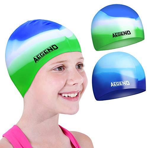 Aegend Kids Swim Cap (Age 4ー8), 2 Pack, Blue &amp; Gre...