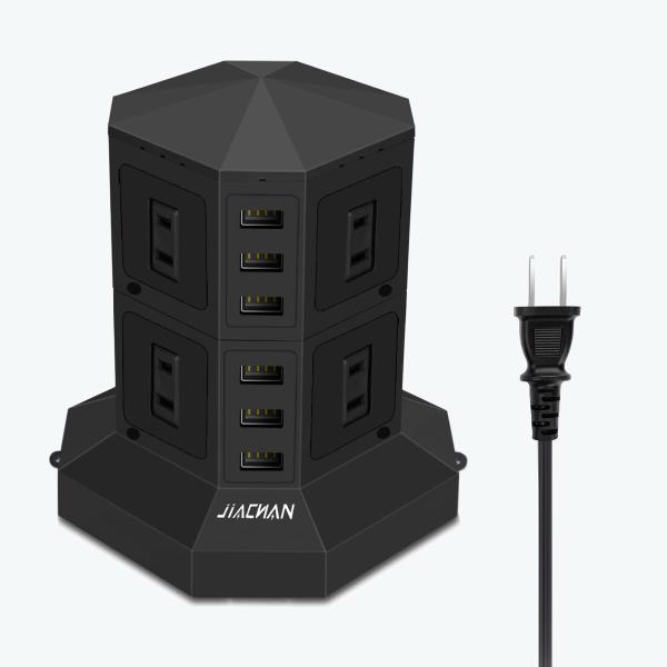 JIACHAN 電源タップタワー式 6個USB 8個コンセント 約 3ｍ 急速充電 雷ガード 過