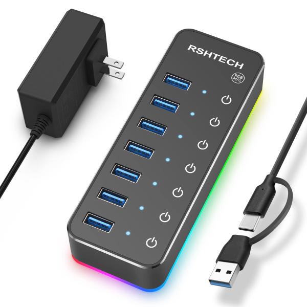 RSHTECH USBハブ 3.0 電源付き RGB 7ポート 2 in 1 ケーブル 付き USB...